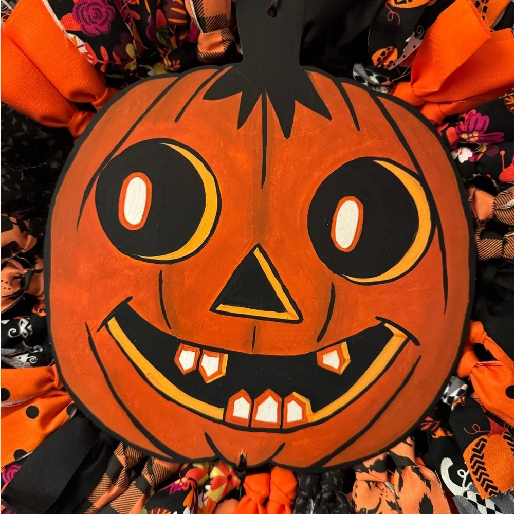 Retro Pumpkin Halloween Rag Wreath
